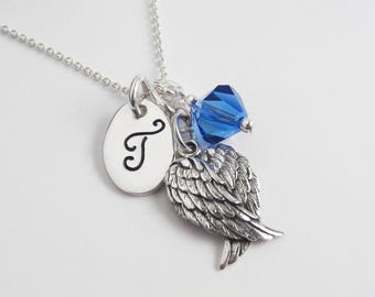 Angel Wings Necklace 925 Sterling Silver Jewelry for Sympathy Gift - Personalized Monogram Initial and Preciosa Birthstone Charm Necklace