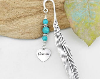 Grammy Bookmark - Engraved Grandma Gifts for Grammy - Unique Beaded Bookmark - Tibetan Silver Heart Charm Book Marker - Book Lover Gifts