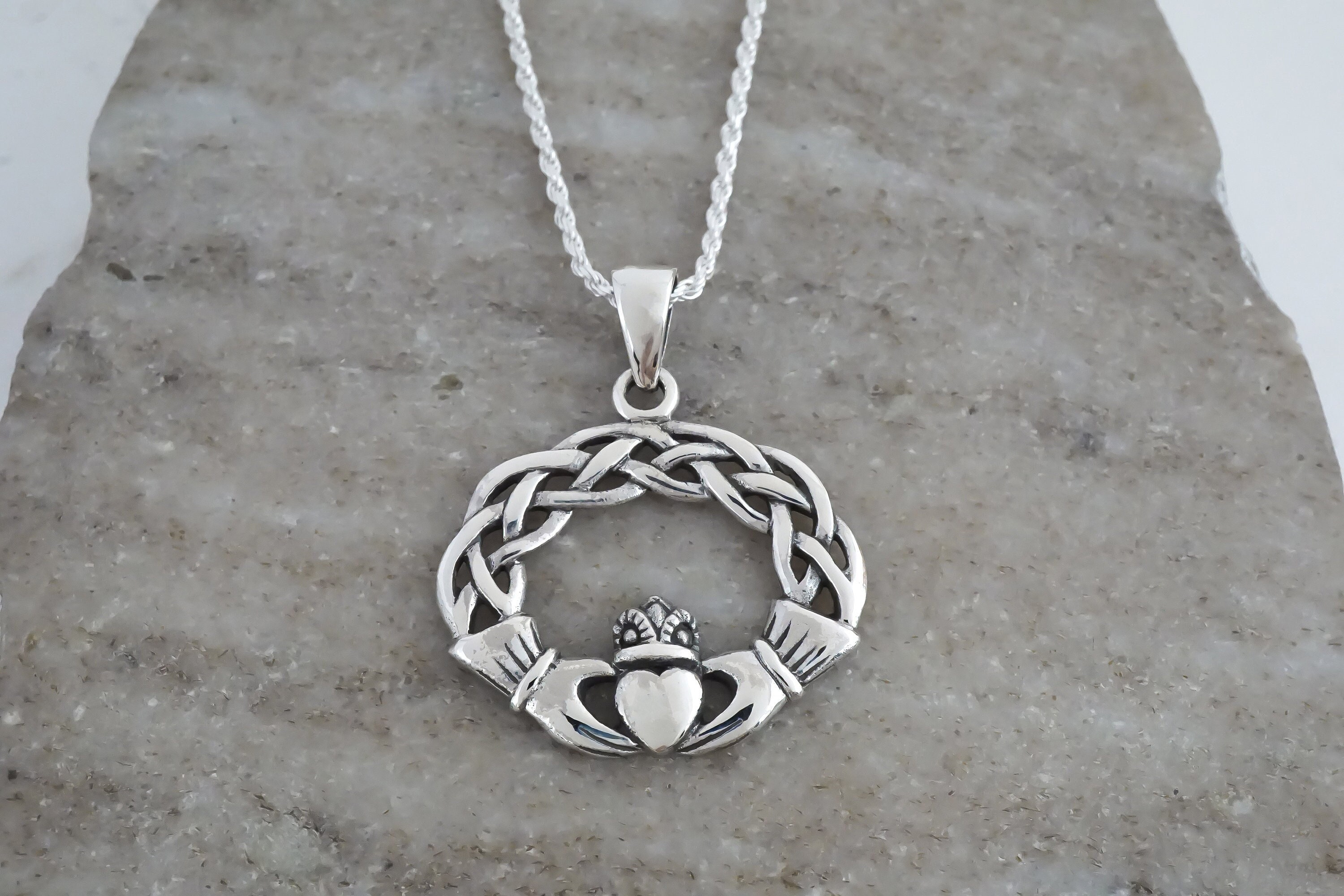 Sterling Silver Claddagh Necklace with Celtic Knot detail 18 Inch Chain |  Airport Duty Free Shopping