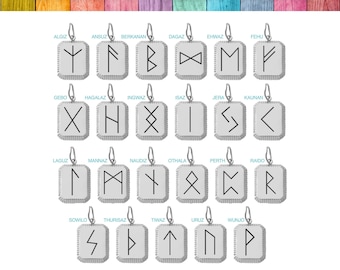 Ancient Runes Charm Pendant - Silver or Gold Stainless Steel - Custom Laser Engraved Runes Pendant 16-30mm Round, Rectangle and Heart Charms