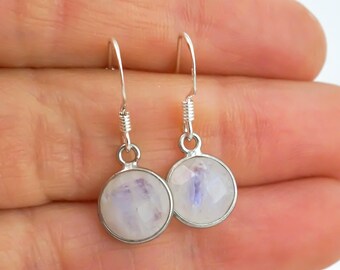 Sterling Silver Moonstone Earrings: Round Faceted Gemstone Jewelry