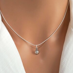 Puede incluir: Un collar de plata con un peque&ntilde;o colgante de mariquita detallado suspendido de una cadena de plata fina y lisa. El dije de mariquita tiene puntos negros visibles y un acabado met&aacute;lico pulido sobre una prenda blanca.