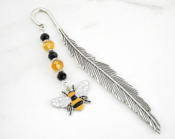Bee Bookmark - Custom Beaded Bookmark - Tibetan Silver Yellow BumbleBee Stationary - Unique Metal Bookmark