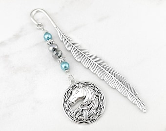 Horse Bookmark: Round Antique Silver Horse Head Charm Beaded Book Marker