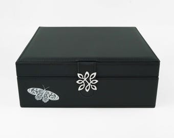 Black Jewelry Box with Butterfly - Vegan Leather Jewelry Box Organizer for Girls and Women - Black Jewelry Organizer with Removable Tray