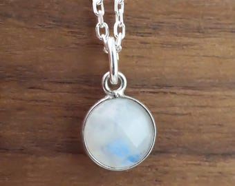 Round Moonstone Necklace - 9 mm Gemstone Charm - 925 Sterling Silver Jewelry - Satellite, Rope, Snake, Curb, Anchor Chain