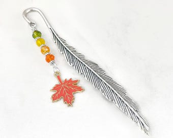 Maple Leaf Bookmark: Enamel Autumn Leaf Charm, Tibetan Silver Beaded Fall Stationary