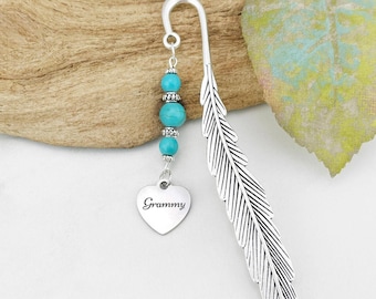 Grammy Bookmark - Engraved Grandma Gifts for Grammy - Unique Beaded Bookmark - Tibetan Silver Heart Charm Book Marker - Book Lover Gifts