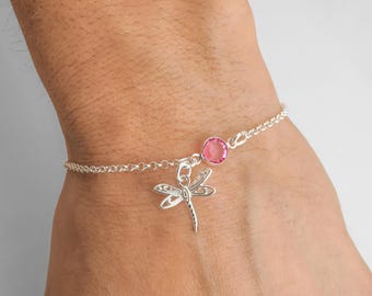 Dragonfly Bracelet or Anklet - Personalized Birthstone Bracelet, 925 Sterling Silver Rolo Chain, Dainty Minimalist Bracelet, Dragonfly Gifts