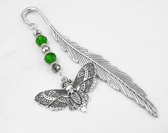 Death's-Head Moth Bookmark, Silver Moth Charm Beaded Bookmark, Insect Gifts, Deathshead Hawkmoth Gifts, Deathshead Hawkmoth Bookmark