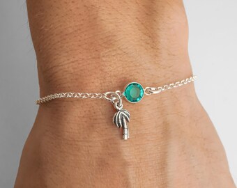 Palm Tree Bracelet for Women - Tropical Palm Tree Anklet - Birthstone Bracelet, 925 Sterling Silver Rolo Chain Dainty, Summer Charm Bracelet
