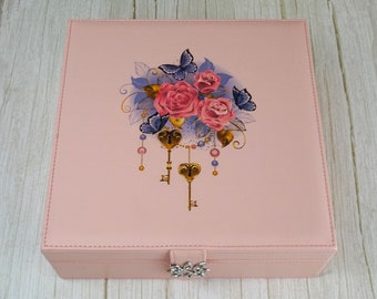 Floral Jewelry Organizer - Womens Keys & Butterfly Jewelry Box, Pink Faux Leather Jewelry Holder, Jewelry Display Box, Ring Box with Mirror