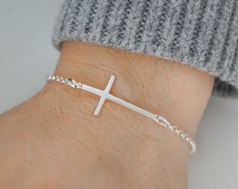 Silver Cross Bracelet - 925 Sterling Silver Bracelet - Rolo Chain - Dainty Religious Bracelet - Christian Bracelet - Christianity Jewelry