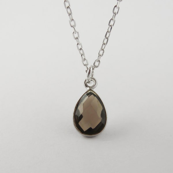 Smoky Quartz Teardrop Necklace - Smokey Topaz Necklace - Natural Quartz Gemstone Charm - 925 Sterling Silver Jewelry - Tear Drop Pendant