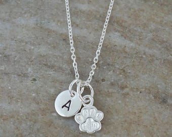 Dog Paw Necklace - Initial Necklace - 925 Sterling Silver Jewelry - Personalized Monogram - Puppy Dog Print