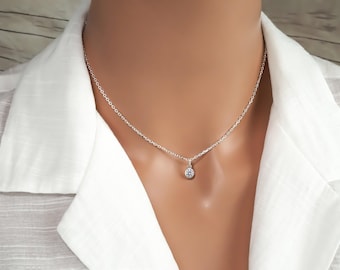 Tiny Circle Necklace - Minimalist Jewelry - Round Cubic Zirconia Dot Charm Necklace 925 Sterling Silver Necklace - Simple Everyday Jewelry