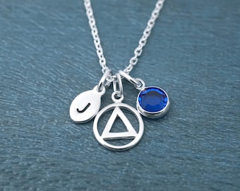 Small AA Symbol Necklace - Sobriety Gifts - Alcoholics Anonymous - 925 Sterling Silver Jewelry - Personalized Initial and Birthstone Charm