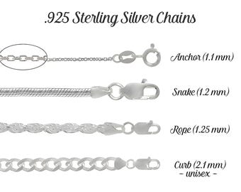 925 Sterling Silver Chain, Anchor, Rope, Snake and Curb Chains, 14, 16, 18, 20, 22, 24, 30 & 36 inches, Finished Chain, Womens + Mens Chains