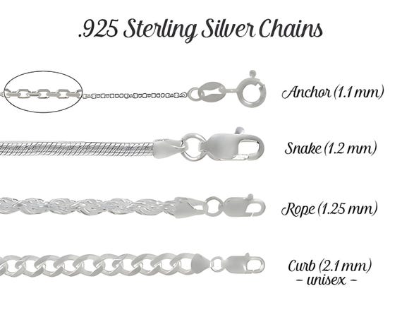 Sterling Silver Chain, Anchor, Rope, Curb, Snake, Finished Womens + Mens Necklaces