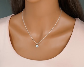 Handstamped Initial Charm Necklace: 8mm Round Letter Charms, 925 Sterling Silver Jewelry