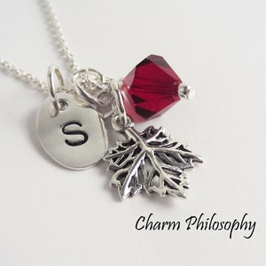 Maple Leaf Charm Necklace - Personalized Initial - Preciosa Birthstone Bead - Canada Necklace - Canadian Jewelry - Toronto Maple Leafs