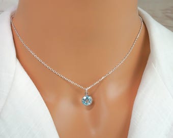 Blue Topaz Necklace: Round Gemstone Charm, 925 Sterling Silver Jewelry