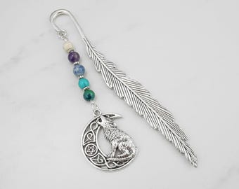 Celtic Wolf Bookmark Silver Howling Wolf Charm Celtic Crescent Moon Charm Bookmark Unique Beaded Wolves Bookmark Wolf Gifts Celtic Gifts