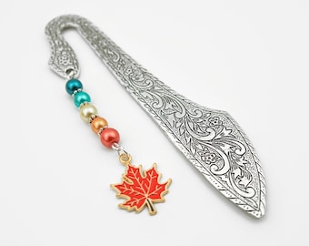 Canadian Maple Leaf Bookmark: Silver and Enamel Autumn Leaf Charm Beaded Book Marker