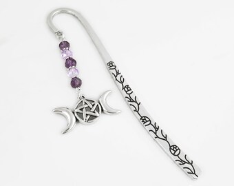 Triple Moon Goddess Bookmark - Crescent Moon and Star Bookmark - Moon Phase Charm Bookmark - Pentacle Bookmark - Celestial Bookmark