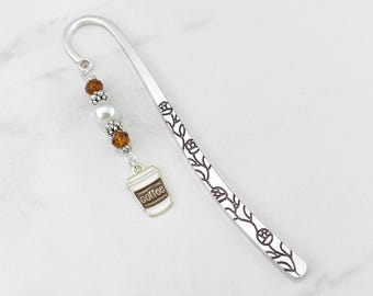 Coffee Bookmark - To-Go Coffee Cup Charm Bookmark - End of Year Gifts for Teachers - Silver Beaded Book Marker - Coffee Lover Gift