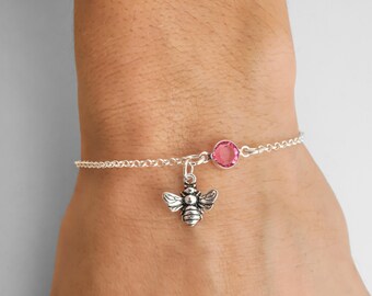 Bumblebee Bracelet or Anklet - Personalized Birthstone Bracelet - 925 Sterling Silver Rolo Chain - Dainty Minimalist Bracelet - Bee Jewelry