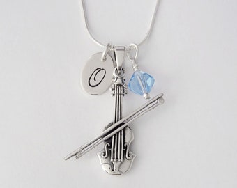 Violin Necklace - 925 Sterling Silver Jewelry - Musical Instrument Pendant - Violin Player Gift - Personalized Initial and Birthstone Charms