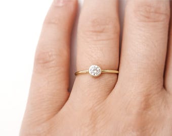 Simple Gold Ring - Round Solitaire Cubic Zirconia Gemstone - Gold Plated 925 Sterling Silver Jewelry - LAST CHANCE
