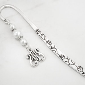 Ancient Greece Lyre Bookmark - Tibetan Silver Bookmark Stationary - Stringed Instrument Beaded Bookmark - Greek Harp Charm