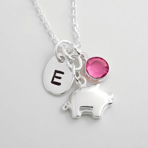 Personalized Pig Charm Necklace: 925 Sterling Silver Initial & Birthstone