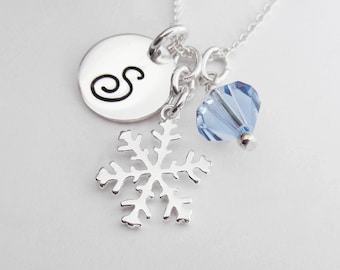 Personalized Snowflake Necklace - 925 Sterling Silver, Handstamped Initial and Birthstone Bead