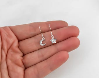 Sterling Silver Moon and Star Earrings: Minimalist CZ Charms