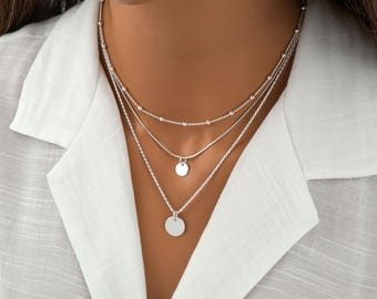 Sterling Silver Layered Necklace - 3 Layer Minimalist Jewelry, 12mm or 8mm Round Circle Necklace and Ball Bead Chain Necklace, Mix and Match