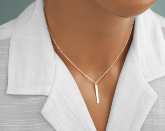 Vertical Bar Necklace, 925 Sterling Silver Bar Pendant, Silver Layering Necklace for Everyday Necklace with Plain Bar, Minimalist Jewelry