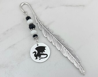 Dragon Bookmark - Metal Bookmark Dragon Gifts for Him or Her - Fantasy Bookmark - Beaded Silver Bookmark - Laser Engraved Dragon Stationary