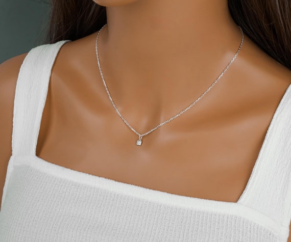 Square Cubic Zirconia Charm Necklace 925 Sterling Silver Necklace Tiny Square Necklace Minimalist Jewelry Simple Everyday Jewelry Etsy