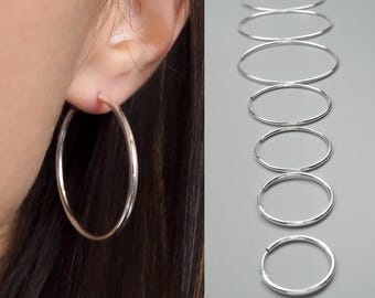 Silver Hoop Earrings - 13 Sizes - 925 Sterling Silver Endless Hoops - Thin Infinity Hoops - 16 mm to 80 mm | 2/3 inch to 3 1/5 inch - Pair