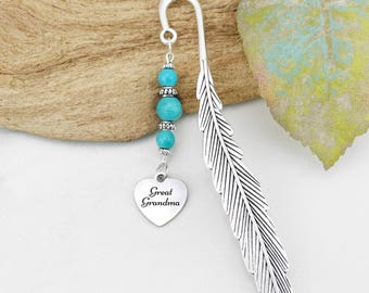 Great Grandma Bookmark: Engraved Heart Charm Beaded Book Marker