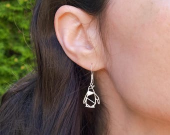 Geometric Penguin Earrings: Minimalist Sterling Silver Animal Jewelry, Penguin Gifts