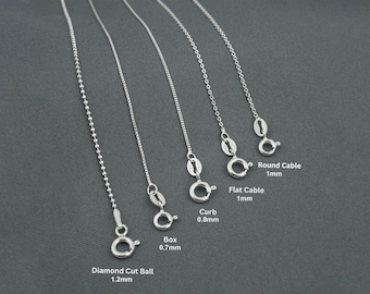 Minimalist Sterling Silver Chain Necklace for Women, Box Chain, Flat Cable Chain, Curb Chain, Diamond Cut Ball Chain - 16, 18, 20 inches