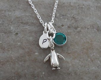 Sterling Silver Penguin Charm Necklace: Personalized Initial and Birthstone