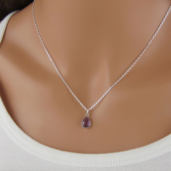 Amethyst Teardrop Necklace - Natural Faceted Amethyst Gemstone Charm - 925 Sterling Silver Jewelry - February Birthstone Necklace