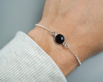 Black Onyx Bracelet - Round Onyx Gemstone Anklet - 925 Sterling Silver Jewelry - Minimalist Faceted Black Onyx Charm Bracelet - LAST CHANCE