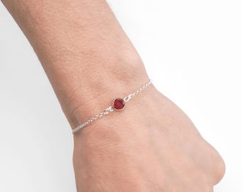 July Birthstone Bracelet - Preciosa Ruby Birthstone Anklet - 925 Sterling Silver - Dainty Minimalist Bracelet