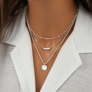 Sterling Silver Layered Necklace - 3 Layer Minimalist Jewelry, Round Charm Necklace, Curved Bar Necklace and Ball Bead Chain, Mix and Match